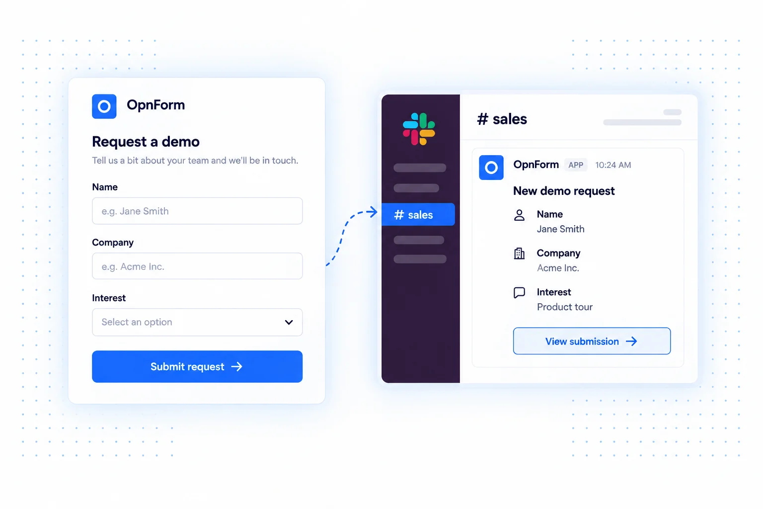 A demo request form connected to a new submission message in a Slack sales channel.